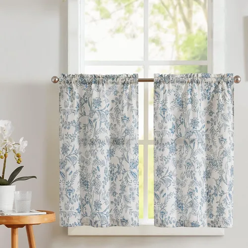 Vista 11 de Vangao Cortinas de cocina de granja con estampado floral, 24 pulgadas de largo, cortinas cortas de lino con bolsillo para barra, 2 paneles, verde