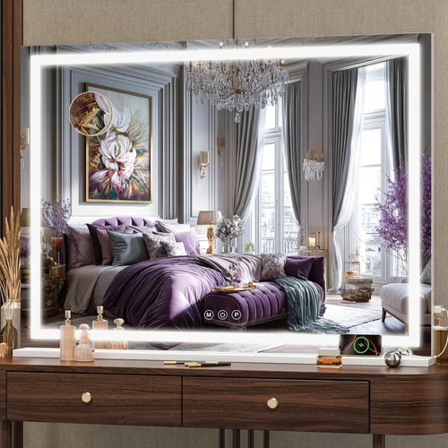 Vista 14 de Hasipu Espejo de tocador con luces, espejo LED de maquillaje de 31.5 x 22 pulgadas, espejo de maquillaje iluminado con 3 modos regulables, espejo