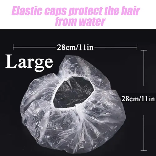 Vista 3 de Gorros de ducha desechables extra grandes, gorro de baño de plástico transparente grueso impermeable para mujeres, accesorios esenciales de viaje