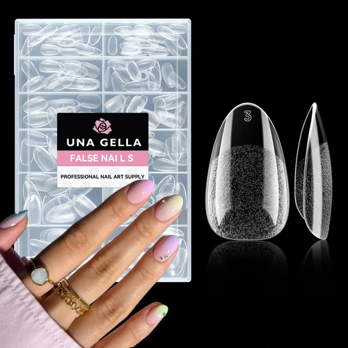 Vista 17 de UNA GELLA 216 puntas de uñas de almendra medianas, uñas postizas de gel preformadas para cobertura completa, uñas postizas francesas acrílicas