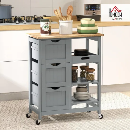 Vista 2 de HOMCOM Carrito de isla de cocina rodante, carrito de servicio de bar, carrito compacto con ruedas con parte superior de madera, estantes y cajones