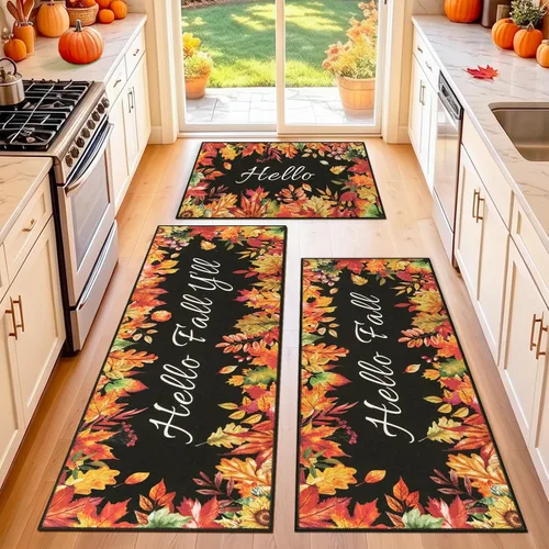 Pauwer Juego de 3 alfombras de cocina de otoño, tapetes de cocina Hojas de otoño negras