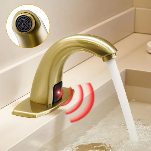 Vista 8 de Charmingwater Grifo de lavabo de baño sin contacto, grifo con sensor automático de movimiento con placa de cubierta de agujero, oro cepillado