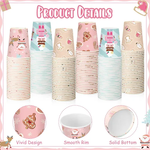 Vista 3 de Maxcheck 100 vasos de papel rosa de Navidad de 9 onzas, vasos desechables de copos de nieve rosados, tazas de café de Navidad, tazas de bebidas