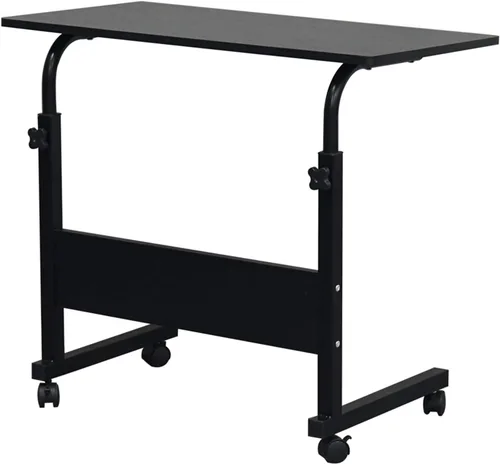 Vista 8 de Bandeja de TV de madera rodante, mesa ajustable para aperitivos con ruedas, escritorio portátil para computadora portátil junto al sofá, cama, mesa