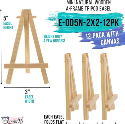 Vista 2 de U.S. Art Supply Lienzo estirado de 2 x 2 pulgadas con kit de caballete de 5 pulgadas (paquete de 12) – Soporte de mesa de madera natural con marco