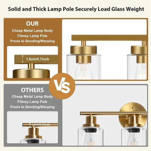 Vista 6 de IZORRO Moderna lámpara de baño, 3 luces doradas cepilladas, accesorios de iluminación de baño sobre espejo con vidrio transparente para sala