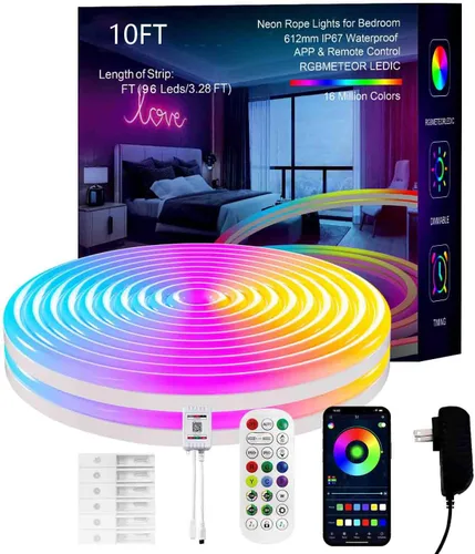 MFWW Luces de cuerda de neón, tira de luces LED IC+RGB de 10 pies, control por aplicación y control remoto, impermeable IP67 para exteriores,