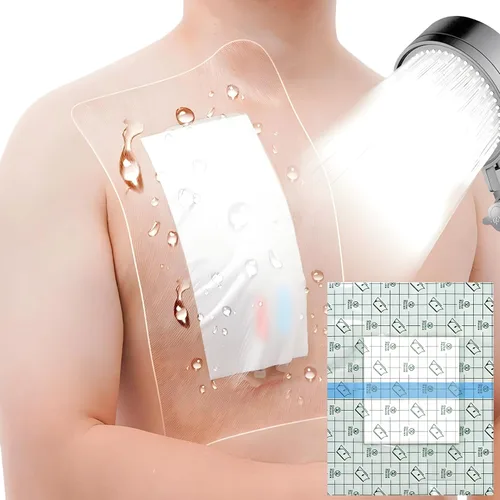 Vista 6 de Cubierta de ducha impermeable de 10.2"x10.2" Vendajes de incisión para heridas grandes sin pegamento en el centro Protector de ducha transparente