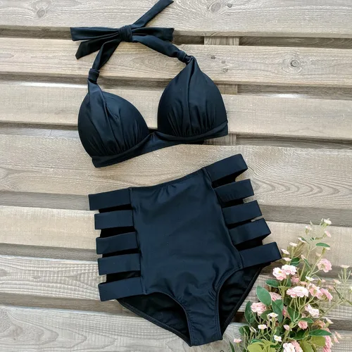 Vista 3 de SPORLIKE - Traje de baño de cintura alta para mujer, bikini de dos piezas con control de abdomen y parte superior triangular