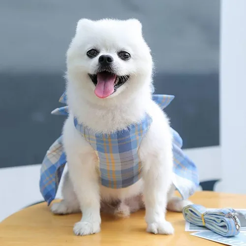 Vista 5 de PETCARE Vestido de perro a cuadros con corbata de moño, arnés y correa para perros pequeños, gatos, niñas, lindos vestidos de princesa para perros