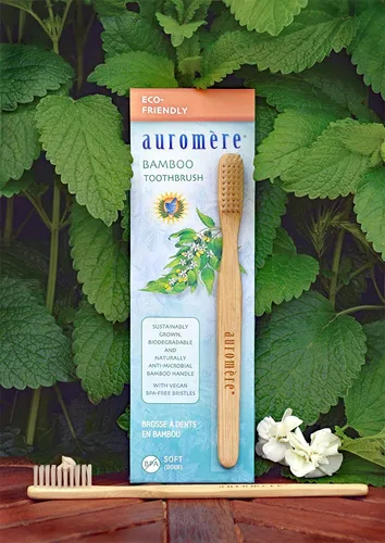 Vista 3 de Auromere Cepillo de dientes de bambú, ecológico, vegano, cultivado de forma sostenible, con cerdas suaves (paquete de 1)