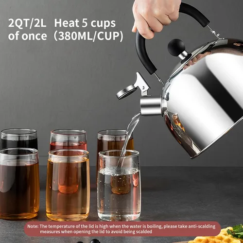 Vista 10 de Hervidor de té silbante de acero inoxidable 304, 2.1 cuartos/2L, adecuado para hervir agua y té en estufa de inducción, parte superior de estufa