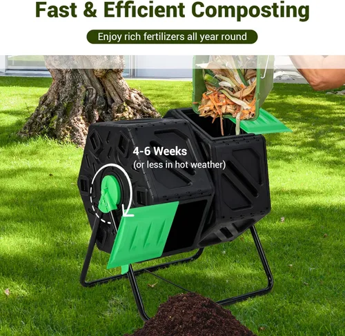 Vista 2 de Goplus Contenedor de compostaje, vaso de compostaje de doble cámara de 34.5 galones con 2 cámaras giratorias, puertas corredizas, compostador