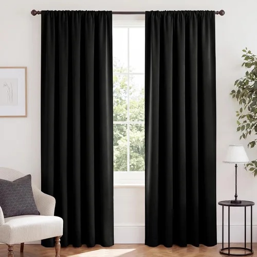 Vista 133 de NICETOWN Biscotti Beige 100% Cortinas opacas de 45" de largo para cocina, bolsillo con varilla para sótano completamente opaco, cortinas térmicas