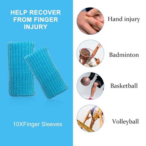 Vista 2 de Mangas de compresión para dedos, protectores de dedos para artritis, hinchazón, baloncesto, deportes, elástico transpirable (10, azul, talla única)