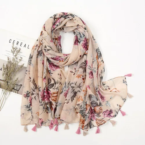 Vista 4 de YOUR SMILE - Bufanda bohemia grande para mujer, bufandas ligeras con estampado floral, para otoño e invierno, a la moda, con flecos