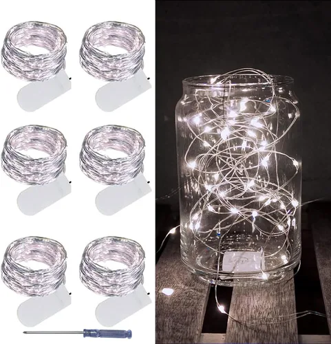 LAMPHOME Paquete de 6 luces de hadas con batería, 2 metros, 20 luces LED, jarrones de Mason, resistentes al agua, alambre plateado, luces de Blanco