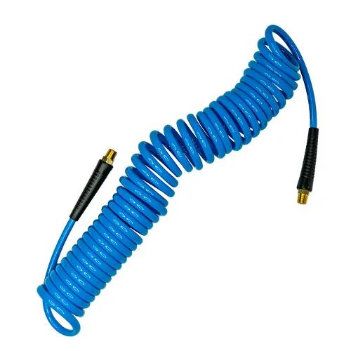 Amflo 24-25E-RET manguera de poliuretano azul en espiral de 120 PSI, 14 pulgadas x 25 pies con extremos MNPT giratorios macho y accesorios que