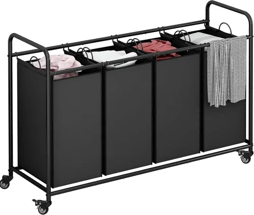 Vista 12 de LINZINAR - Carrito clasificador de ropa sucia de 3 bolsas, cesta de lavandería resistente con ruedas y cerradura, con tabla de planchar y bolsas