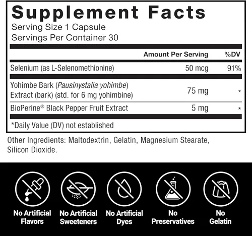 Vista 5 de Force Factor Suplemento de yohimbina para hombres, extracto de corteza de yohimbe con absorción superior para mejorar el rendimiento, pastillas