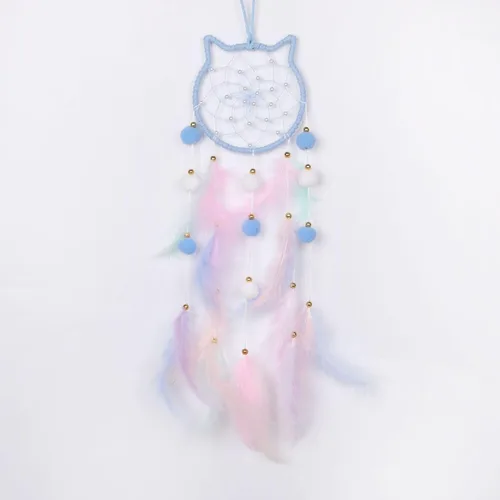 Pretty Jolly - Atrapasueños azul de gato para niños, decoración de pared con pompones y plumas, atrapasueños hecho a mano para niños, decoración del