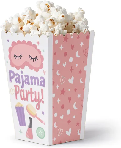 Gran punto de felicidad Juego de 12 cajas de regalo para pijamas para fiesta de dormir, cajas de palomitas para fiesta de cumpleaños, bolsa de