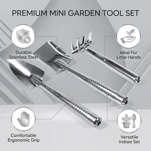 Vista 5 de Mini juego de herramientas de jardinería, 3 piezas, acero inoxidable, rastrillo de pala para plantas de interior y mantenimiento de macetas
