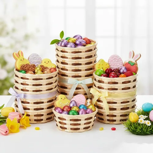 Vista 2 de Sintuff Paquete de 10 cestas tejidas redondas de bambú, cestas de regalo de mimbre, bayas, pan de frutas, cestas vacías para servir alimentos