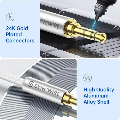 Vista 3 de SYNCWIRE Cable auxiliar de nailon trenzado de 0.138 in, cable de audio auxiliar macho a macho (10 pies/9.8 ft, sonido de alta fidelidad), cable