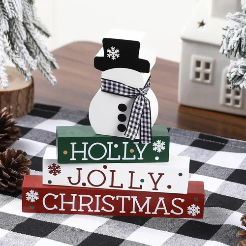 Vista 2 de Decoraciones de Navidad, 4 letreros de madera en bloques, clásicos, rojo, blanco, verde, adornos de Navidad para el hogar, estantes, repisas