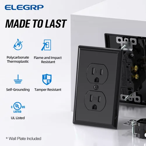Vista 2 de ELEGRP Receptáculo dúplex resistente a manipulaciones, toma de pared dúplex eléctrica estándar de 15 A 125 V, 2 polos y 3 cables, 5-15R