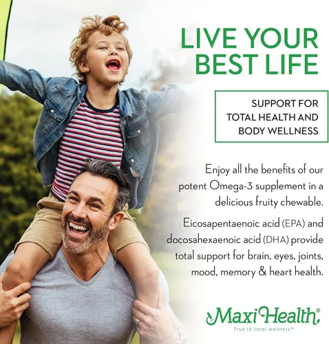 Vista 3 de Maxi Health Omega Yums 1000 - Apto para niños, sabor afrutado, 110 cápsulas de cápsula blanda, Kosher