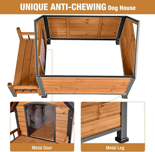 Vista 3 de Casa para perros con marco de hierro metálico antimordeduras, caseta de madera para exteriores, refugio interior para cachorros para perros