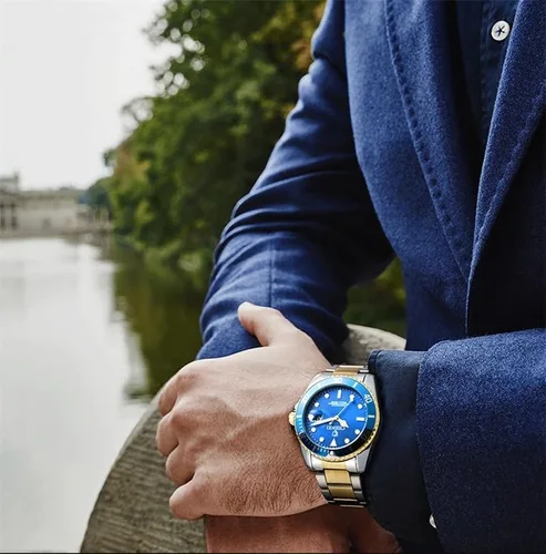 Vista 6 de MASTOP Reloj para hombre, de acero inoxidable, de dos tonos, impermeable, analógico, de cuarzo, con calendario
