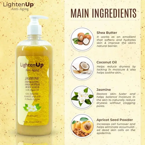 Vista 2 de OMIC Lighten-Up LightenUp - Jabón corporal exfoliante - 33.8 onzas líquidas / 33.8 fl oz - Formulado para exfoliar y nutrir la piel, con manteca