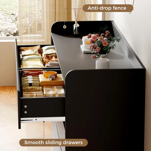 Vista 6 de BEWISHOME Cómoda negra para dormitorio, cómoda de 6 cajones, cómoda de madera para armario, cómoda ancha y moderna con valla para sala de estar