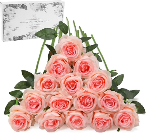 Vista 23 de Rosas Blancas Falsas Flores Artificiales - 16 Piezas Rosas Falsas Artificiales Flores de Seda con Tallos para Decoración de Centro de Mesa de Hogar