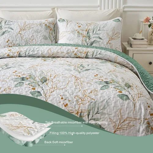 Vista 3 de DJY Juego de edredón floral tamaño Queen, juego de colcha reversible botánico de hojas verdes, juego de cama de microfibra suave y ligera, juego