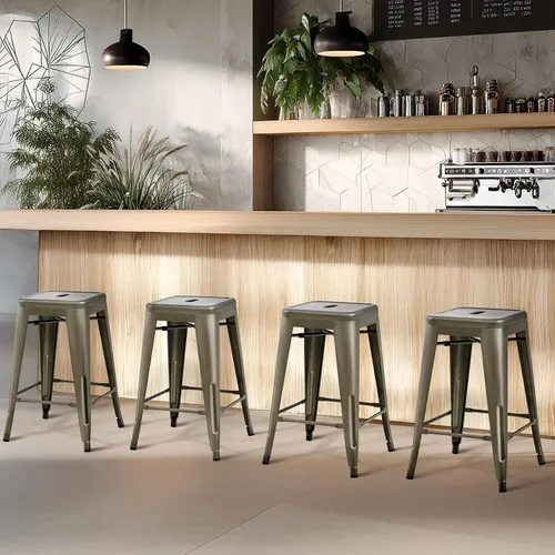 Vista 6 de Yaheetech - Juego de 4 taburetes de metal de 24 pulgadas, taburetes de altura de mostrador sin respaldo, sillas de bar apilables industriales