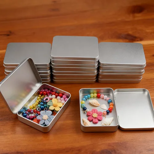 Vista 5 de 12 recipientes rectangulares de metal vacíos con bisagras para necesidades básicas, organizador de almacenamiento para el hogar, juego de mini