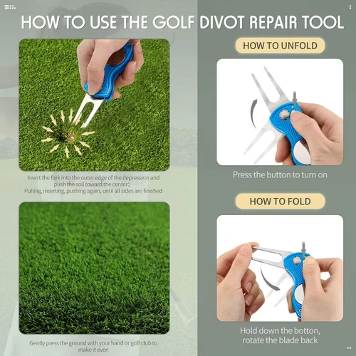 Vista 4 de Skylety 4 piezas herramienta de reparación de divot de golf plegable de metal con botón emergente magnético, marcador de bolas de acero inoxidable