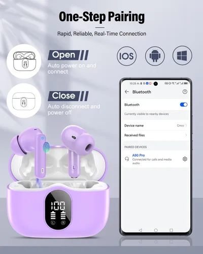 Vista 5 de Auriculares inalámbricos, Bluetooth 5.4, estéreo de bajos, auriculares con micrófono con cancelación de ruido, pantalla LED en el oído, llamadas