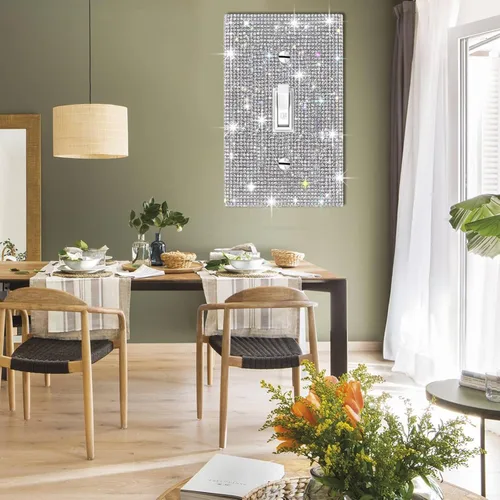 Vista 4 de Cubierta decorativa para interruptor de diamantes de imitación plateados brillantes, placa de pared de una sola banda