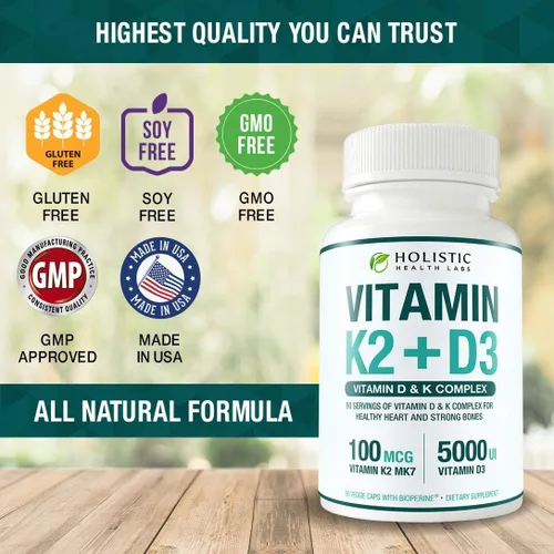Vista 7 de Vitamina K2 + D3 de absorción máxima (5000UI), 90 cápsulas vegetales de MK-7 (Menaquinona-7) y colecalciferol (con BioPerina) Suministro de 3 meses