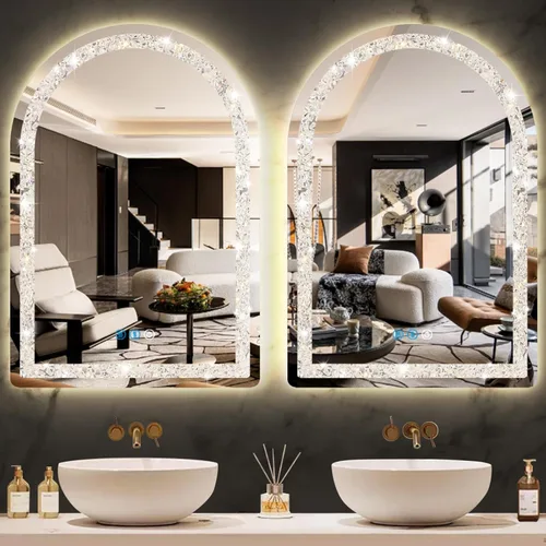 Vista 7 de Espejo de arco LED de cristal con luces de 30 x 20 pulgadas, espejo de arco iluminado para baño, pared, mesa, escritorio, espejo de tocador arqueado
