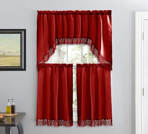 Vista 12 de American Linen Cortinas de café para cocina, cortinas de baño con cenefa, borde de encaje bordado. (beige)