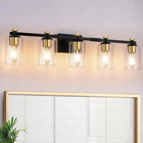 Vista 12 de Lámpara de tocador de baño, 2 luces, lámparas de baño negras con pantalla de vidrio transparente de globo transparente, aplique de pared negro mate