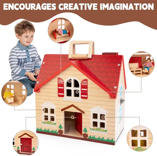 Vista 4 de WOODMAM Casa de muñecas plegable de madera con 13 piezas de muebles, 4 habitaciones y 2 muñecas flexibles, juego de casa de muñecas para juego