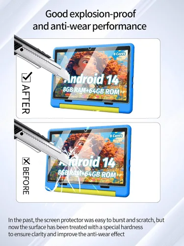 Vista 3 de Protector de pantalla para tableta Urao 2024 Android 14 para niños de 10 pulgadas, dureza 9H resistente al tacto, 2.5D, bordes redondeados sin